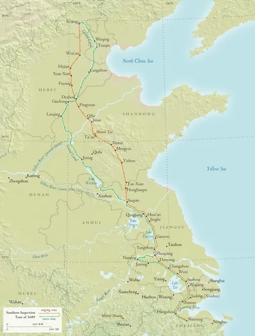 Route of the The Kangxi Emperor's Southern Inspection tour of 1689, which Wang Hui was commissioned to commemorate.
